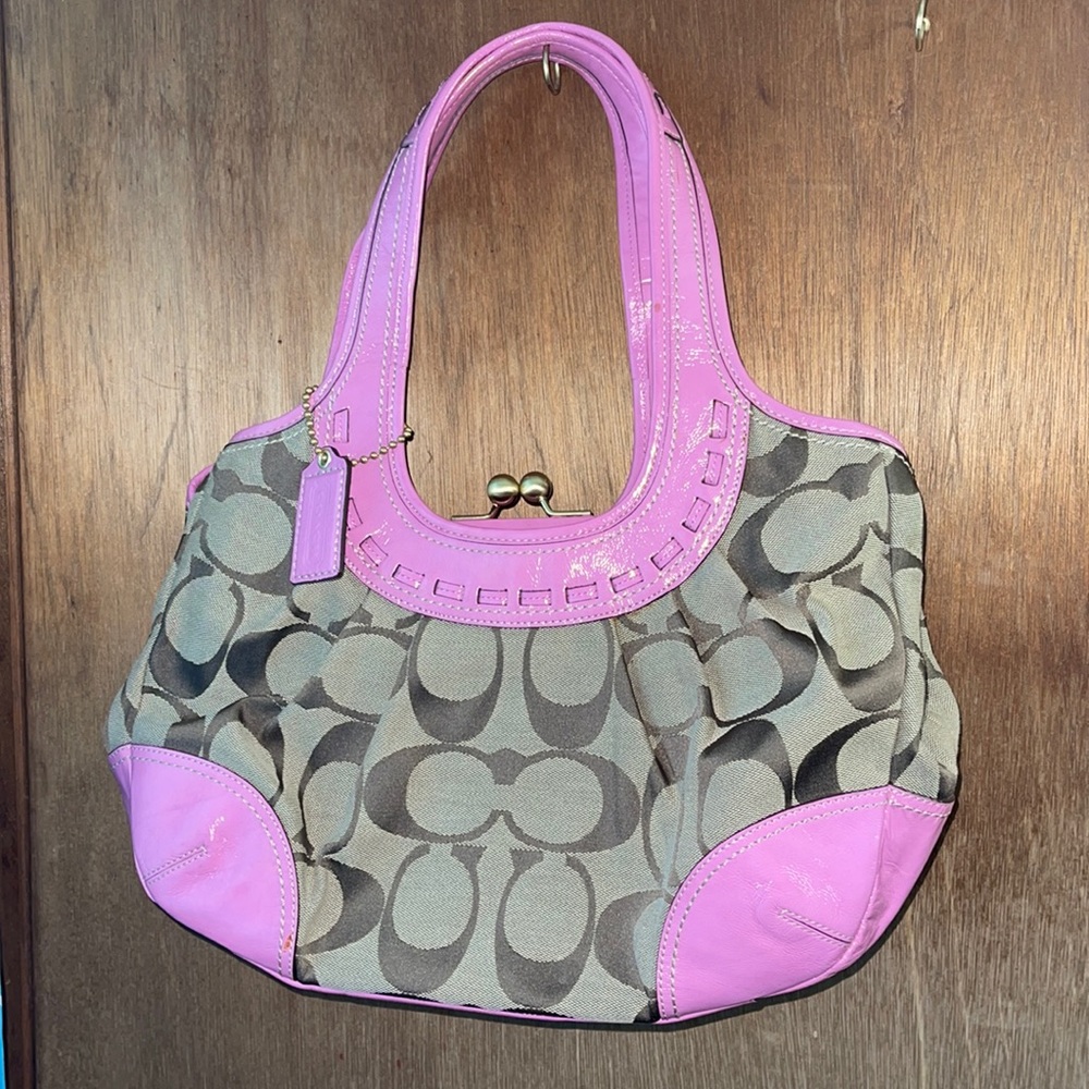 COPY - Pink and tan Coach bag with kiss lock